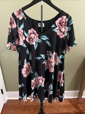 Show Me Your Mumu Black Floral V-Neck Mini Dress with Pink Roses